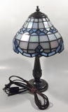 Vintage Blue and White Stained Glass Baroque European Style 11" Tall Brass Metal Table Lamp