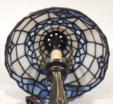 Vintage Blue and White Stained Glass Baroque European Style 11" Tall Brass Metal Table Lamp