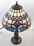 Vintage Blue and White Stained Glass Baroque European Style 11" Tall Brass Metal Table Lamp