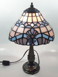 Vintage Blue and White Stained Glass Baroque European Style 11" Tall Brass Metal Table Lamp