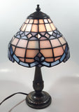 Vintage Blue and White Stained Glass Baroque European Style 11" Tall Brass Metal Table Lamp
