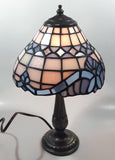 Vintage Blue and White Stained Glass Baroque European Style 11" Tall Brass Metal Table Lamp