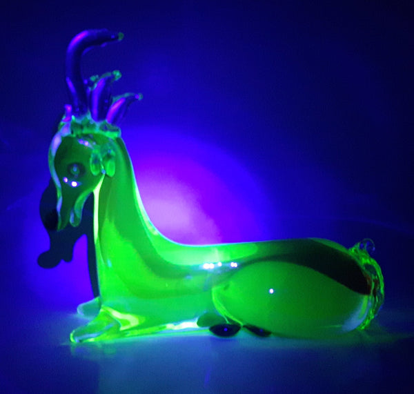 Vintage Laying Reindeer Red Green and Clear 6 1/4" Long Art Vaseline Uranium Glass Ornament