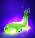 Vintage Laying Reindeer Red Green and Clear 6 1/4" Long Art Vaseline Uranium Glass Ornament