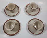 Set of 4 Stoneware Beige with Brown Trim Small Espresso Cups and Saucer Plates Made in China