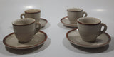 Set of 4 Stoneware Beige with Brown Trim Small Espresso Cups and Saucer Plates Made in China