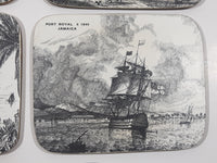 Vintage Jamaica Local Landmarks Scenes Black and White Pictures 3 3/4" x 4 3/4" Wood Coasters with Felt Backing Set of 5