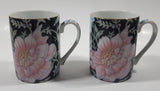 Vintage Capilano Vancouver Black with Pink Flower Pattern 3 3/4" Tall Coffee Mug Tea Cup Set of 2