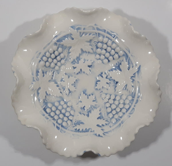 Vintage Grapes and Maple Leaf Pattern Embossed White and Blue Waved Frilled Edge 8" Ceramic Table Center Piece Candy Dish Bowl