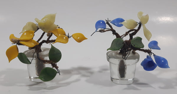 Set of 2 Glass Blue and Yellow Miniature Plants 2 3/4" Tall
