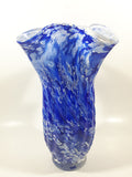 Beautiful Blue and White Twisted Ruffled Top 10 1/2" Tall Art Glass Vase