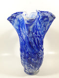 Beautiful Blue and White Twisted Ruffled Top 10 1/2" Tall Art Glass Vase
