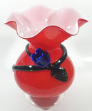 Beautiful Red with Applied Blue Rose and Green Leaves Ruffled Top 10" Tall Art Glass Pedestal Vase