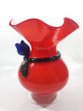 Beautiful Red with Applied Blue Rose and Green Leaves Ruffled Top 10" Tall Art Glass Pedestal Vase