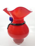 Beautiful Red with Applied Blue Rose and Green Leaves Ruffled Top 10" Tall Art Glass Pedestal Vase