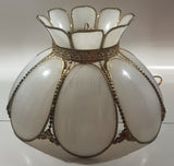 Antique Tulip Style Ornate Metal Bent Slag Glass White 18" Hanging Swag Lamp Two Cracks