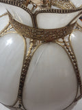 Antique Tulip Style Ornate Metal Bent Slag Glass White 18" Hanging Swag Lamp Two Cracks