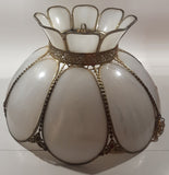Antique Tulip Style Ornate Metal Bent Slag Glass White 18" Hanging Swag Lamp Two Cracks
