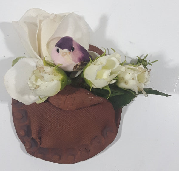 Faux Flowers and Leaves with Purple Bird Small Clay Pottery Pocket Wall Hanging
