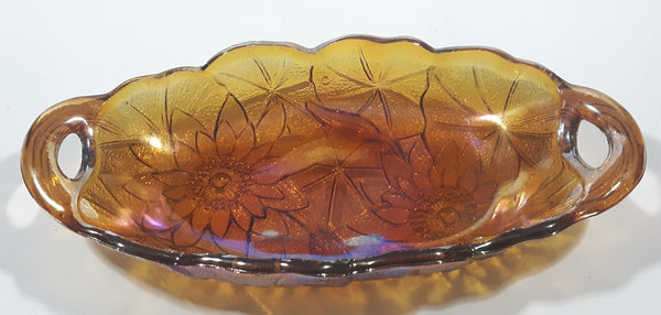 Vintage Indiana Orange Amber Iridescent Rainbow Gold 9 1/2" Wide Carnival Glass Condiment Relish Dish