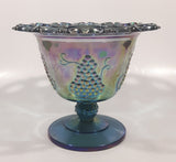 Vintage Indiana Carnival Glass Harvest Grape Blue Purple Iridescent Rainbow 4 3/4" Tall Pedestal Style Perforated Edge Compote Candy Dish