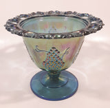 Vintage Indiana Carnival Glass Harvest Grape Blue Purple Iridescent Rainbow 4 3/4" Tall Pedestal Style Perforated Edge Compote Candy Dish