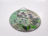 Dragonfly and Purple White Flower Themed Green Leaves Color Oval Shaped Hand Painted Stained Glass Window Sun Catcher Hanging