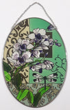 Dragonfly and Purple White Flower Themed Green Leaves Color Oval Shaped Hand Painted Stained Glass Window Sun Catcher Hanging