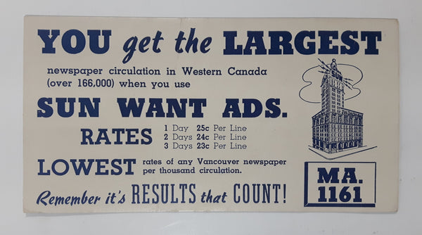Vintage Vancouver Sun Want Ads Ink Blotter Paper Advertising Card
