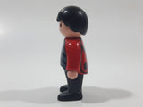 1990 Geobra Playmobil Boy with Black Hair in Red Shirt with Grey Vest and Black Pants 2 1/4" Tall Toy Figure