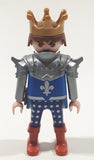 1993 Geobra Playmobil Medieval Castle Brown Hair King with Crown In Blue and Grey Armor Top 3" Tall Toy Figure
