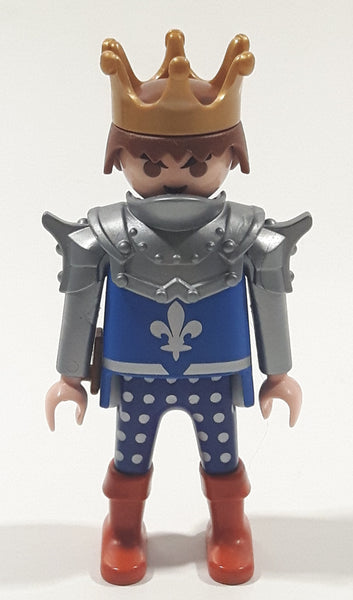 1993 Geobra Playmobil Medieval Castle Brown Hair King with Crown In Blue and Grey Armor Top 3" Tall Toy Figure