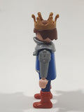 1993 Geobra Playmobil Medieval Castle Brown Hair King with Crown In Blue and Grey Armor Top 3" Tall Toy Figure