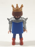 1993 Geobra Playmobil Medieval Castle Brown Hair King with Crown In Blue and Grey Armor Top 3" Tall Toy Figure