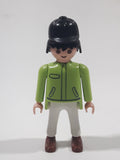 1992 Geobra Playmobil Black Hair Equestrian Horse Rider Green Jacket White Pants 3 1/8" Tall Toy Figure