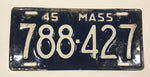 1945 Massachusetts Dark Blue with White Letters Metal Vehicle License Plate Tag 788 427