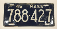 1945 Massachusetts Dark Blue with White Letters Metal Vehicle License Plate Tag 788 427