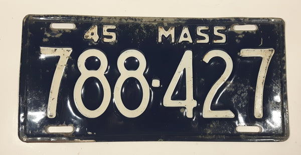 1945 Massachusetts Dark Blue with White Letters Metal Vehicle License Plate Tag 788 427