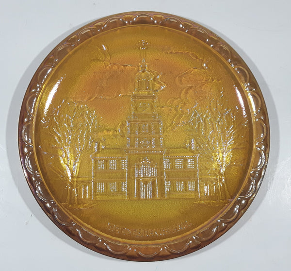Vintage Indiana Orange Amber Iridescent Rainbow Gold Independence Hall Philadelphia 8" Diameter Carnival Glass Plate