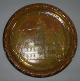 Vintage Indiana Orange Amber Iridescent Rainbow Gold Independence Hall Philadelphia 8" Diameter Carnival Glass Plate