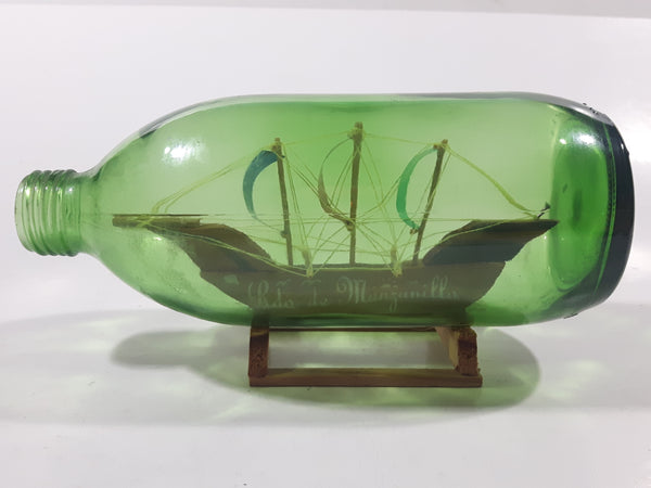 Vintage Mexican Rdo de Manzanillo Detail Miniature Ship in Cork Top 7 1/4" Long Green Glass Bottle