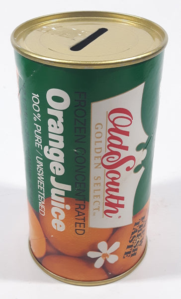 Vintage Old South Golden Select Frozen Orange Juice Can 4 3/4" Tall Metal and Cardboard Coin Bank