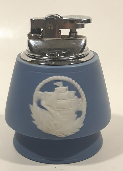 Vintage Wedgewood Jasperware Blue With White Cameo of Tall Sailing Ship 3 1/4" Tall Gas Table Lighter