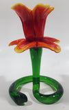 Green Spiral Stem Orange Red Yellow Flower Shaped 5 1/2" Tall Art Glass Candle Stick Holder