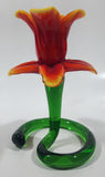 Green Spiral Stem Orange Red Yellow Flower Shaped 5 1/2" Tall Art Glass Candle Stick Holder