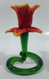 Green Spiral Stem Orange Red Yellow Flower Shaped 5 1/2" Tall Art Glass Candle Stick Holder