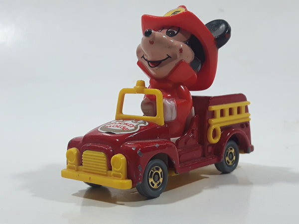 Vintage Tomy Walt Disney Production No. PD-2 Mickey Mouse Fireman Red and Yellow Plastic and Die Cast Metal Toy Car Fire Truck Firefighting Vehicle