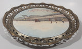 Rare Antique Early 1900s Hamburg Alter Jungfernstieg 10" Porcelain Ceramic Plate with Silver Tone Ornate Metal Frame