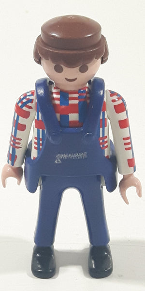 1990 Geobra Playmobil Man in Red and White Top with Blue Vest and Pants 2 3/4" Tall Toy Figure