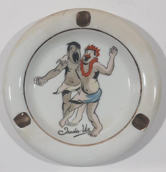 Vintage Trader Vic Drunken Men Embracing White 5" Ceramic Ash Tray with Gold Trim